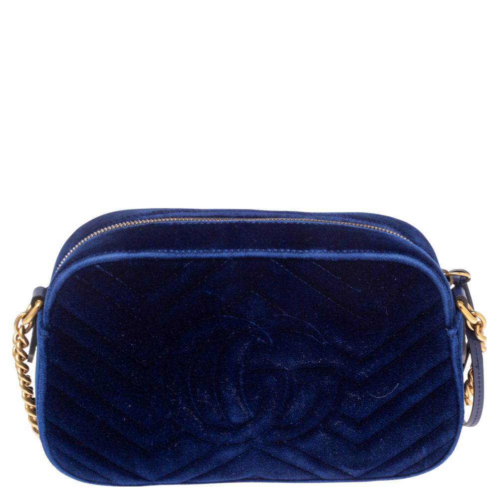 Women's Gucci Blue Matelasse Velvet Small GG Marmont Shoulder Bag