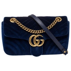 Gucci Blue Matelassé Velvet Small GG Marmont Shoulder Bag