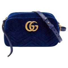Gucci Blue Matelassé Velvet Small GG Marmont Shoulder Bag