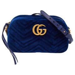 Gucci Blue Matelasse Velvet Small GG Marmont Shoulder Bag