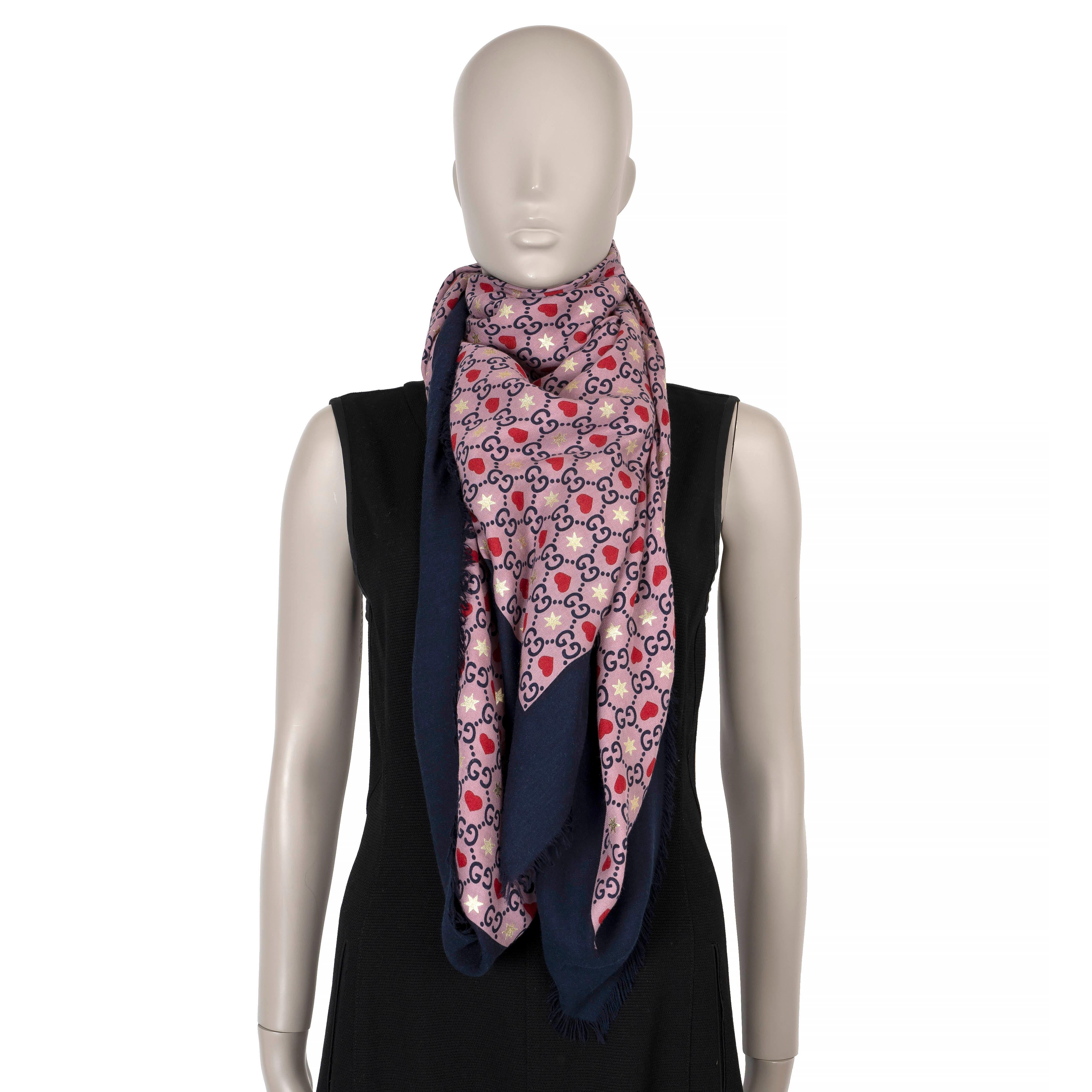 GUCCI blue & mauve silk blend 2020 GG HEARTS & STARS 140 Shawl Scarf For Sale 1