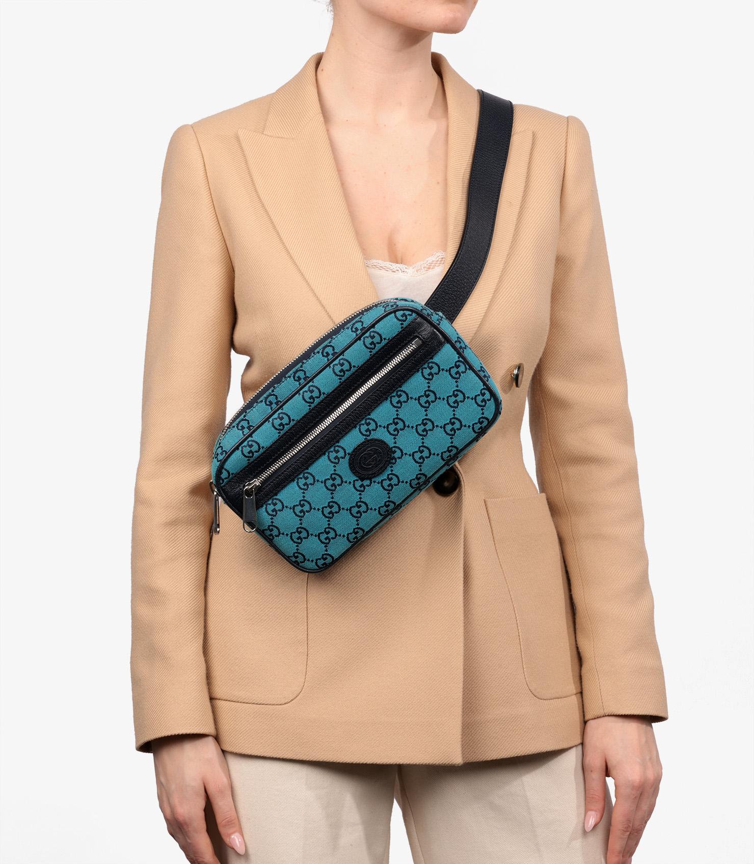Gucci Blue Monogram Canvas & Navy Calfskin Leather GG Belt Bag For Sale 7