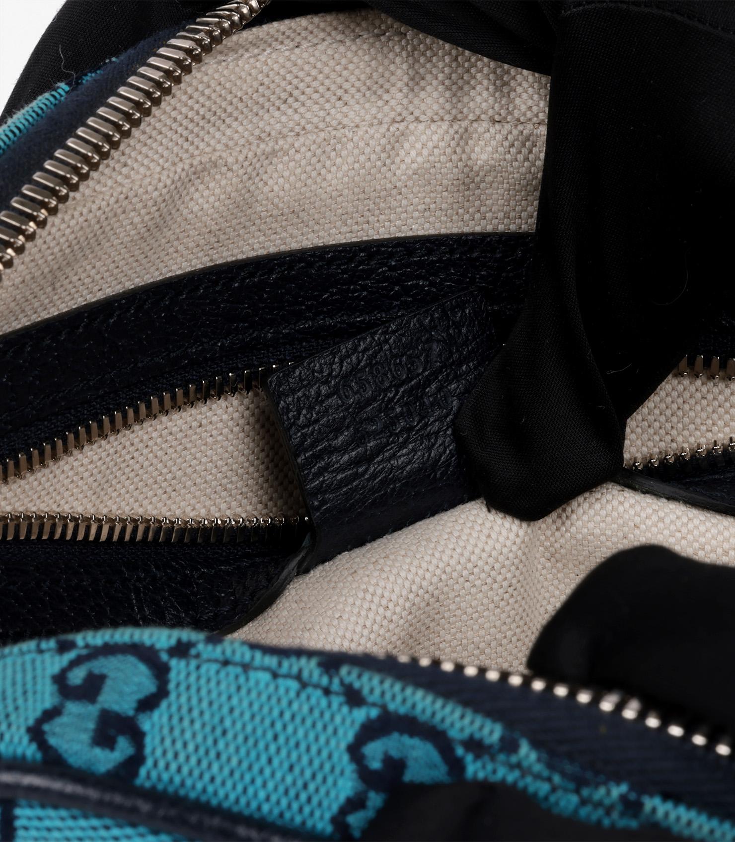 Gucci Blue Monogram Canvas & Navy Calfskin Leather GG Belt Bag For Sale 4