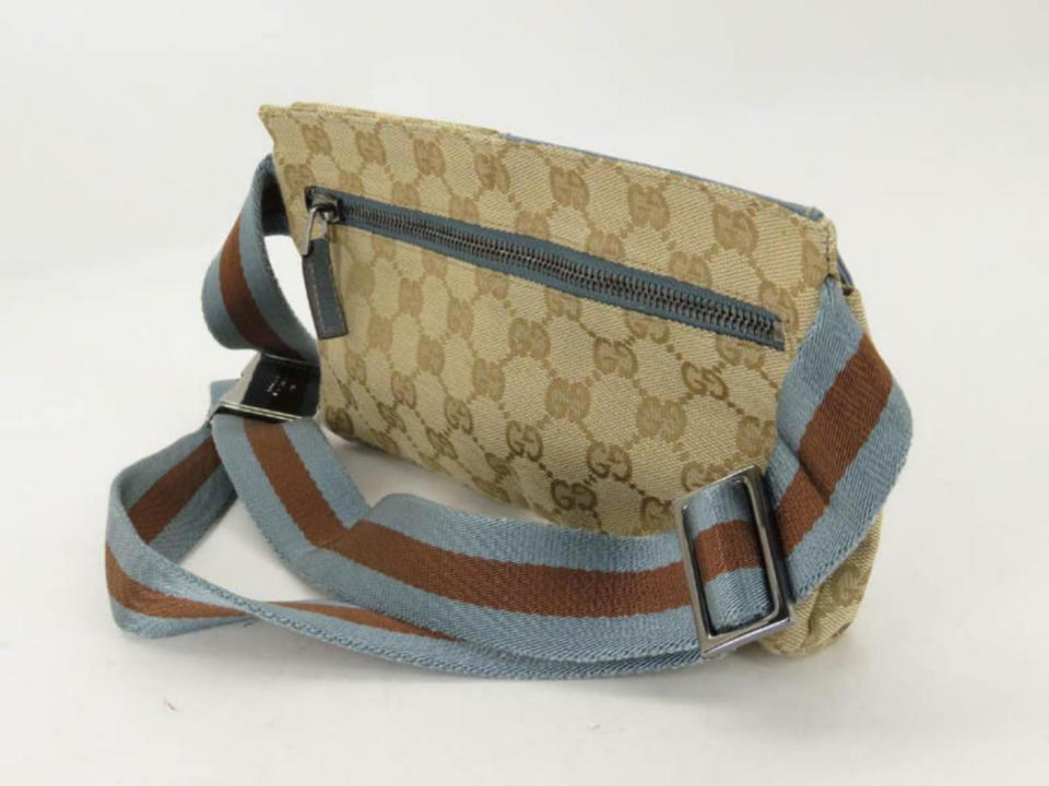 Gray Gucci Blue Monogram Gg Fanny Pack Waist Pouch Belt 869510 Brown Coated Canvas Cr For Sale