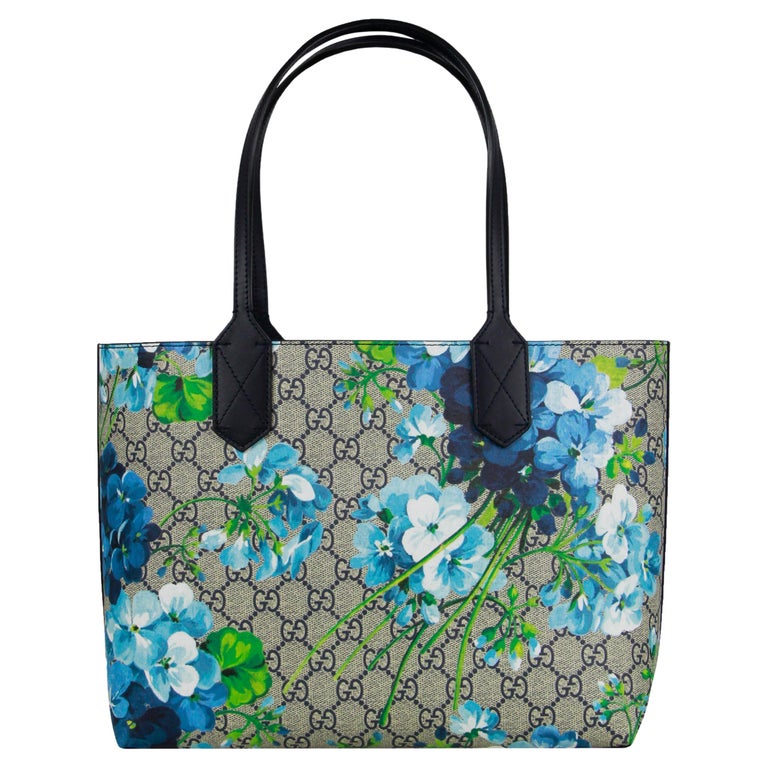 Gucci Blue Monogram Reversible GG Blooms Print Small Tote Bag For Sale