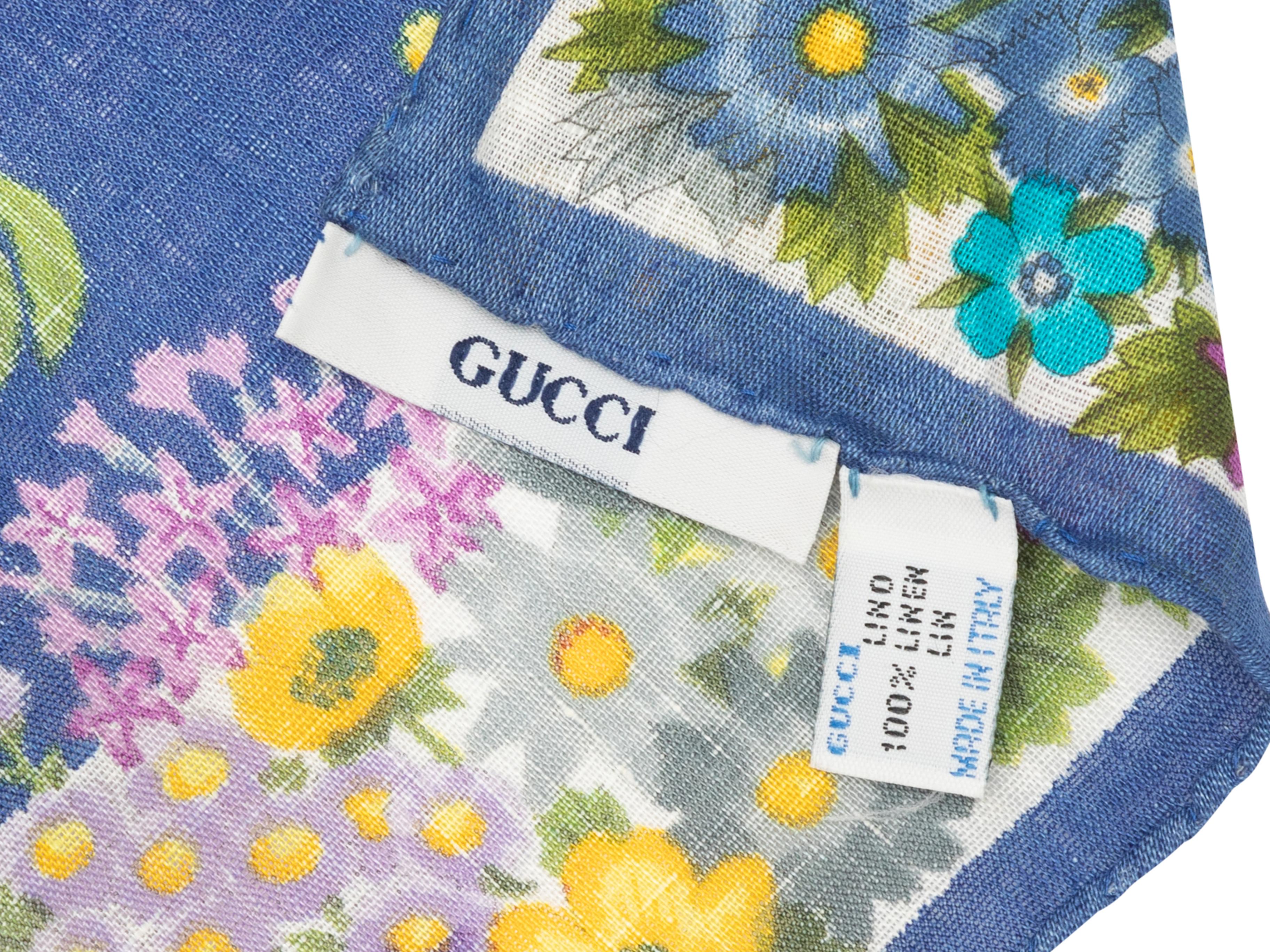 Product Details: Blue and multicolor floral print linen square scarf by Gucci. 33