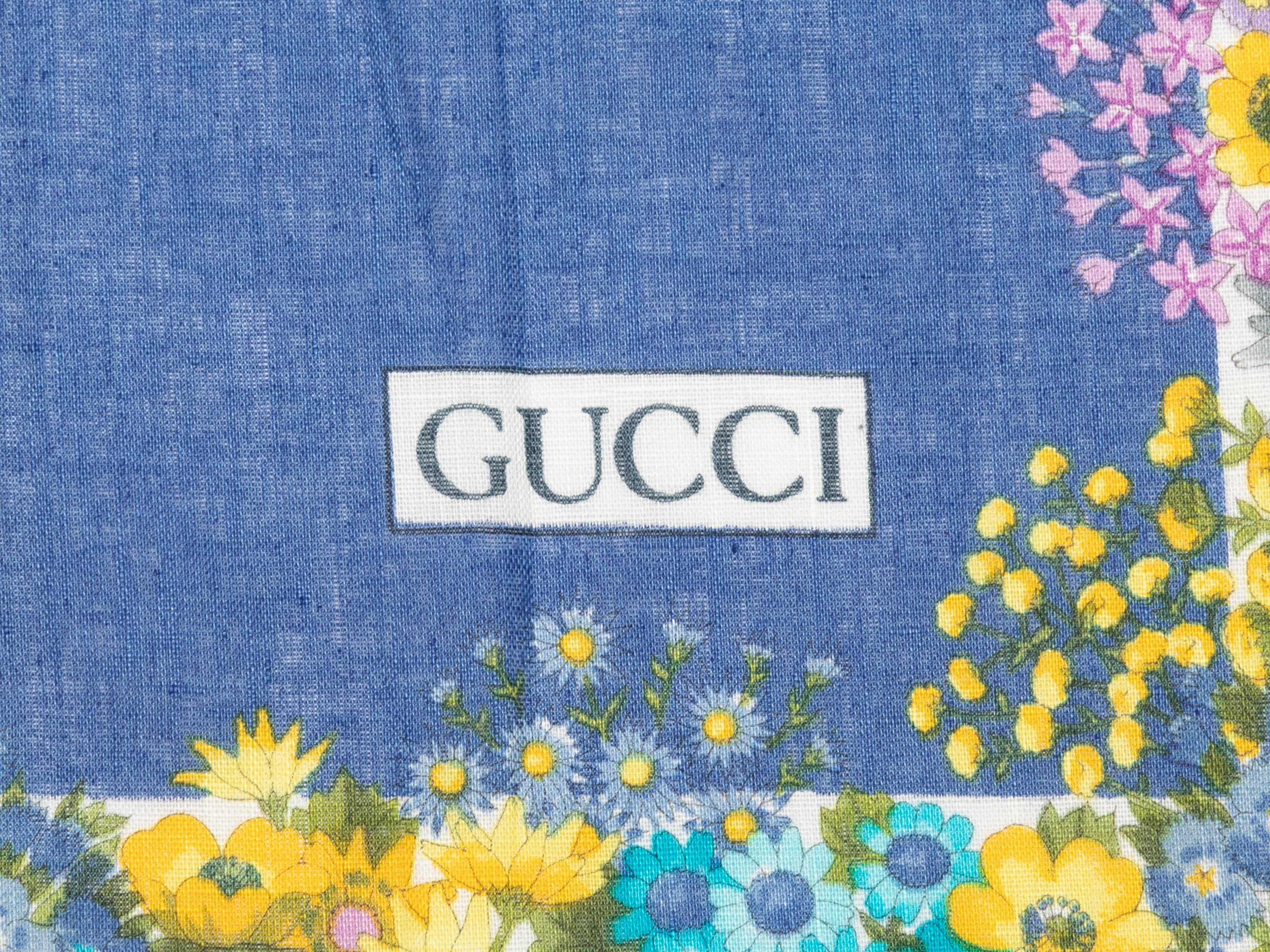 Gucci Blue & Multicolor Floral Print Linen Scarf In Good Condition For Sale In New York, NY
