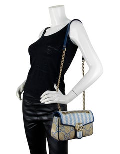 Gucci Blue/ Natural Small Gg Matelasse Marmont 2.0 Raffia Shoulder Bag