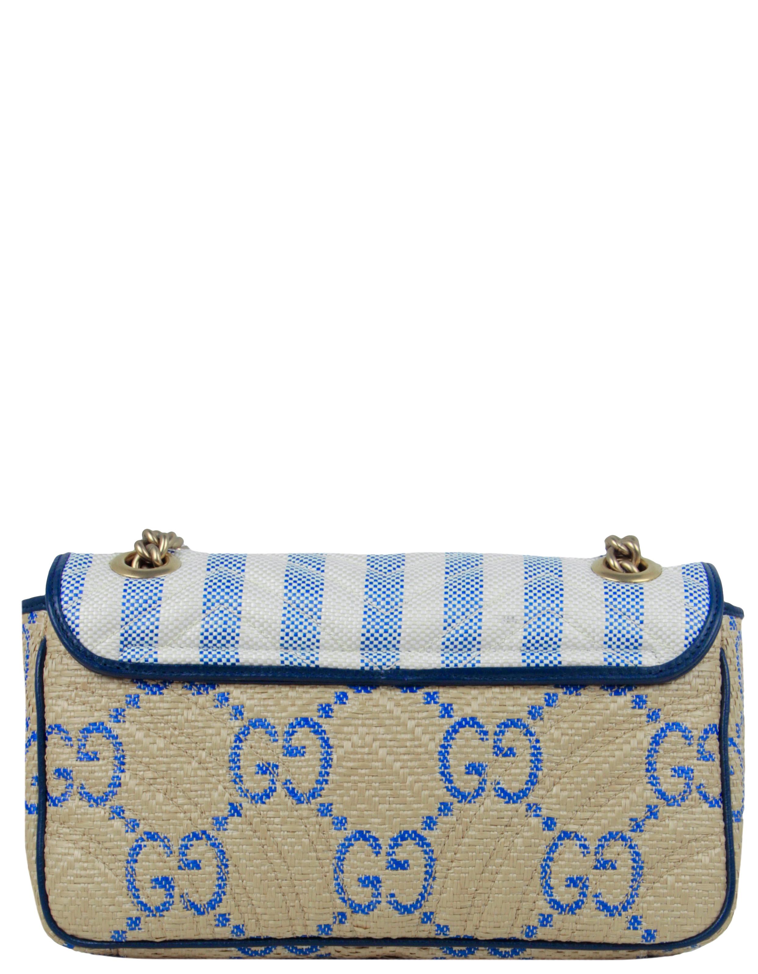 Gucci Blue/ Natural Small Gg Matelasse Marmont 2.0 Raffia Shoulder Bag In Excellent Condition In New York, NY