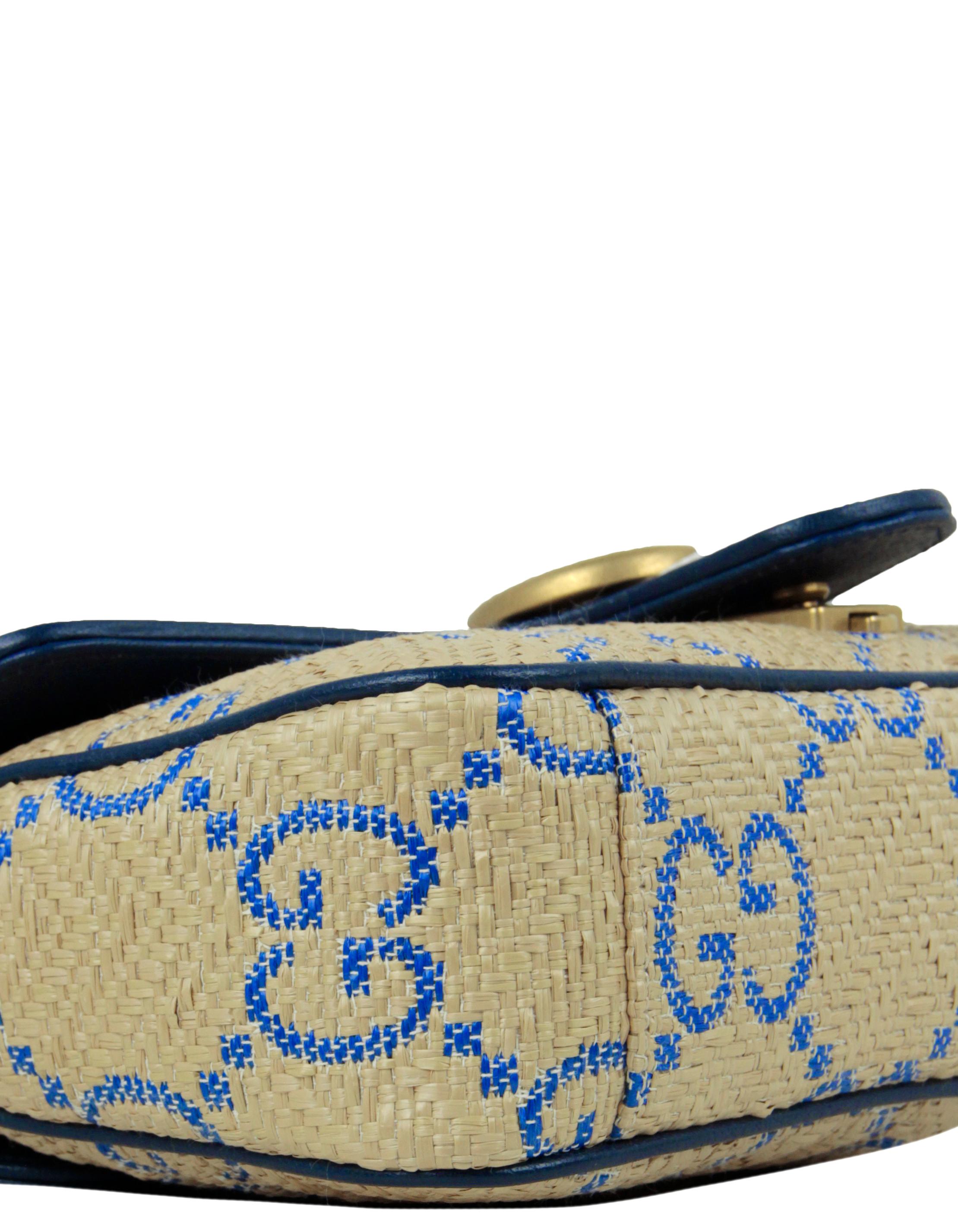 Women's Gucci Blue/ Natural Small Gg Matelasse Marmont 2.0 Raffia Shoulder Bag