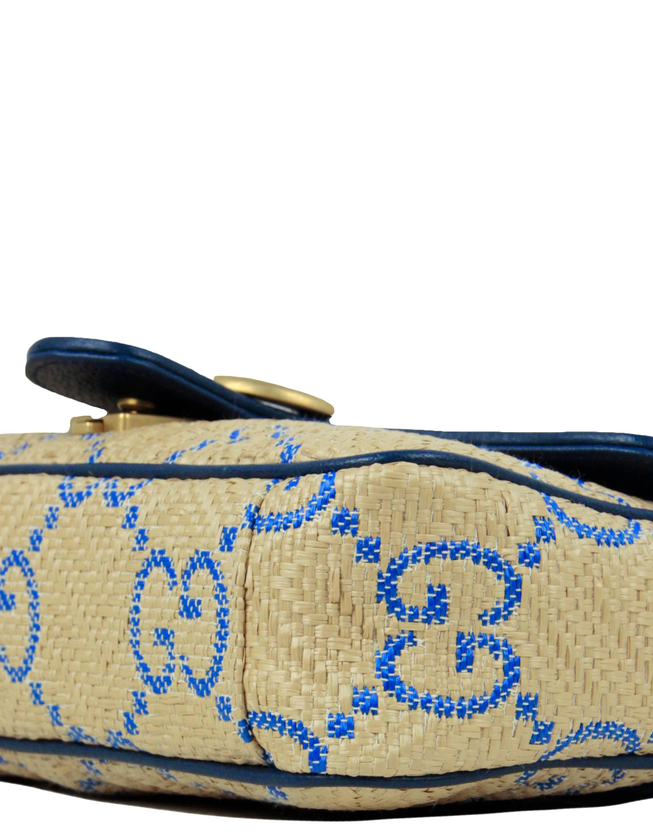 Gucci Blue/ Natural Small Gg Matelasse Marmont 2.0 Raffia Shoulder Bag 1