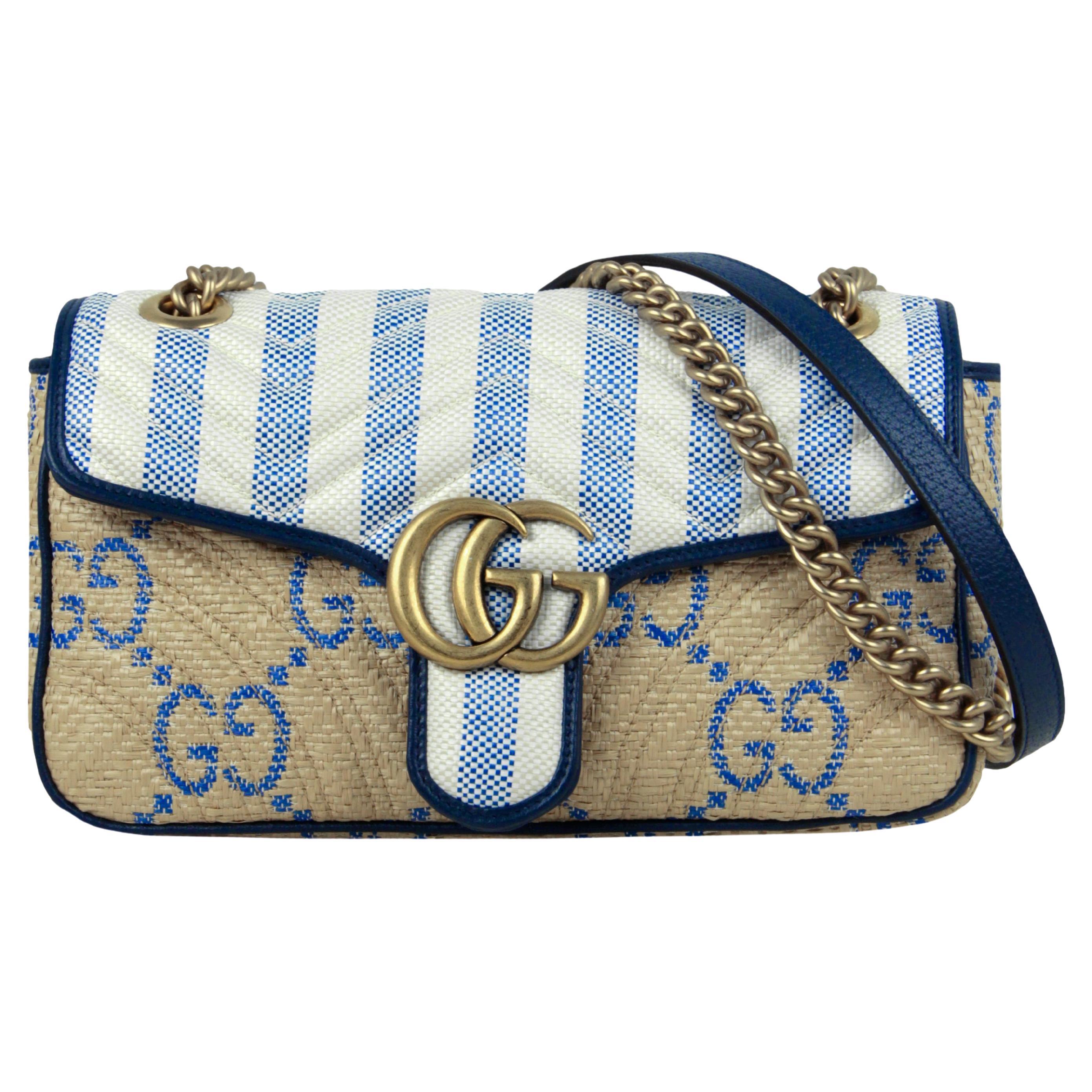 Gucci Blue/ Natural Small Gg Matelasse Marmont 2.0 Raffia Shoulder Bag