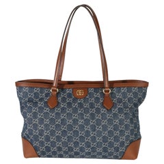 Gucci Blue New Denim GG Monogram Dollar Calfskin Medium Ophidia Shopping Tote