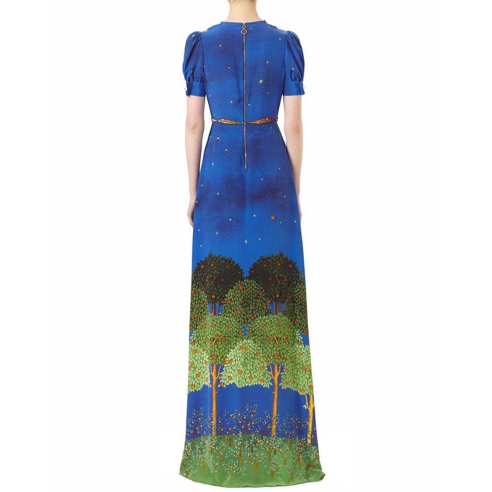 GUCCI Blue Night Garden Silk Gown IT38 US 0-2 In New Condition For Sale In Brossard, QC
