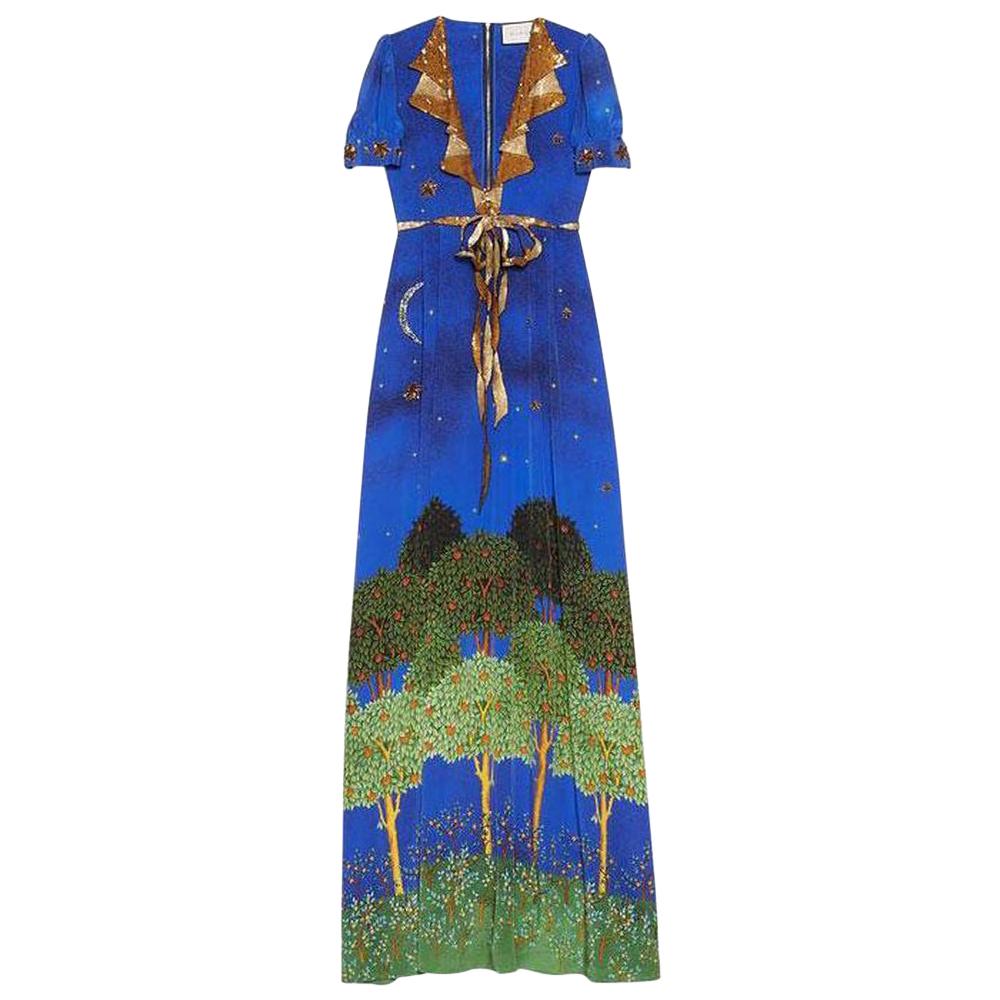 GUCCI Blue Night Garden Silk Gown IT38 US 0-2 For Sale