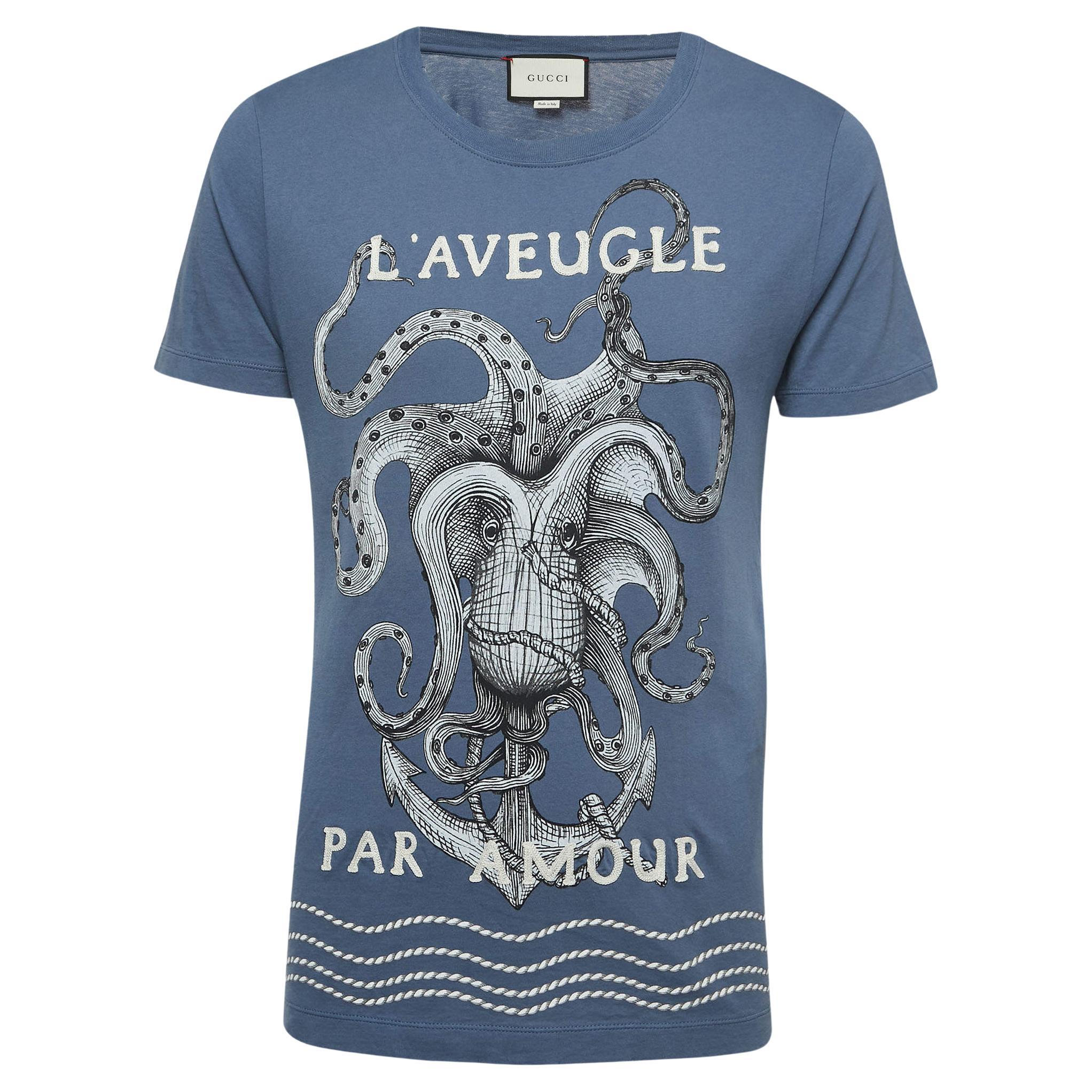 Gucci Blue Octopus Printed Cotton T-Shirt XS For Sale