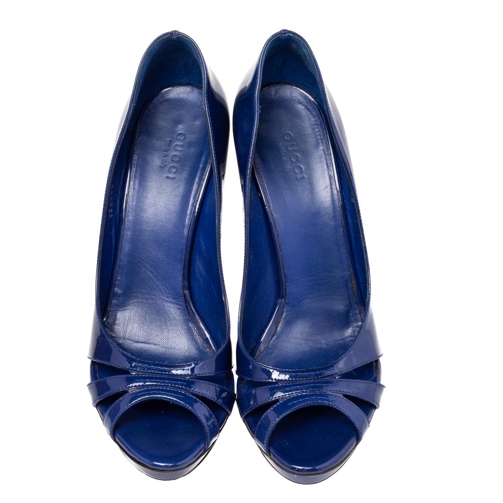 Gucci Blue Patent Leather Bamboo Heel Open Toe Pumps Size 38 1