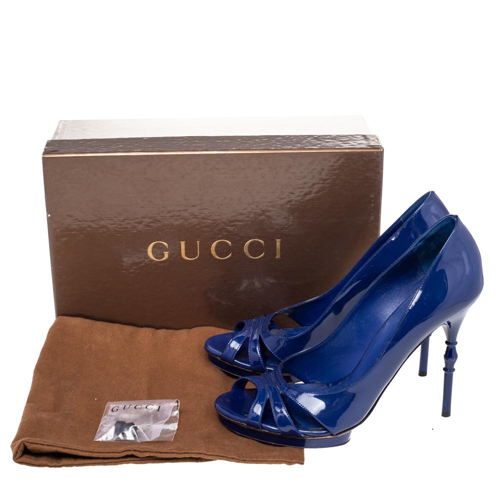 Gucci Blue Patent Leather Bamboo Heel Open Toe Pumps Size 38 4