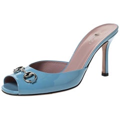 Gucci Blue Patent Leather Horsebit Open Toe Sandals Size 36.5