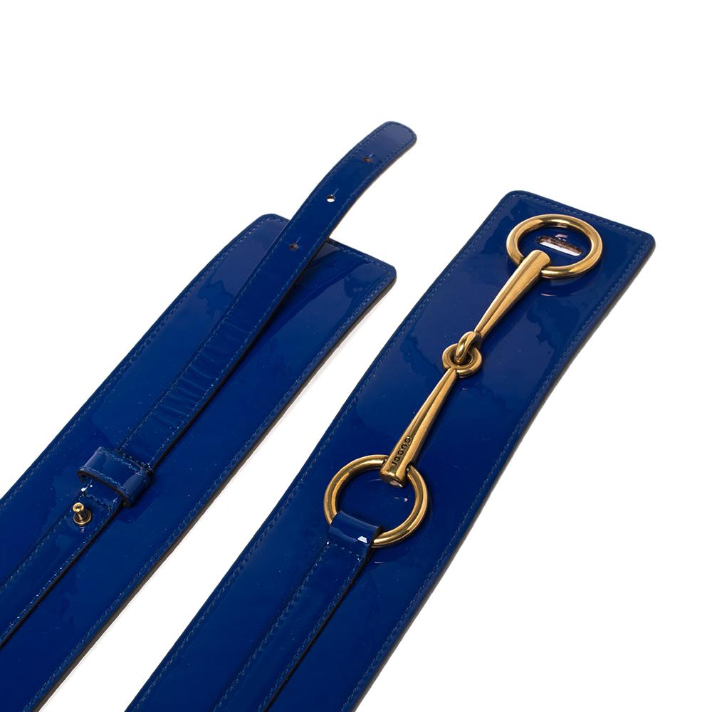Gucci Blue Patent Leather Horsebit Waist Belt 85CM In Good Condition In Dubai, Al Qouz 2