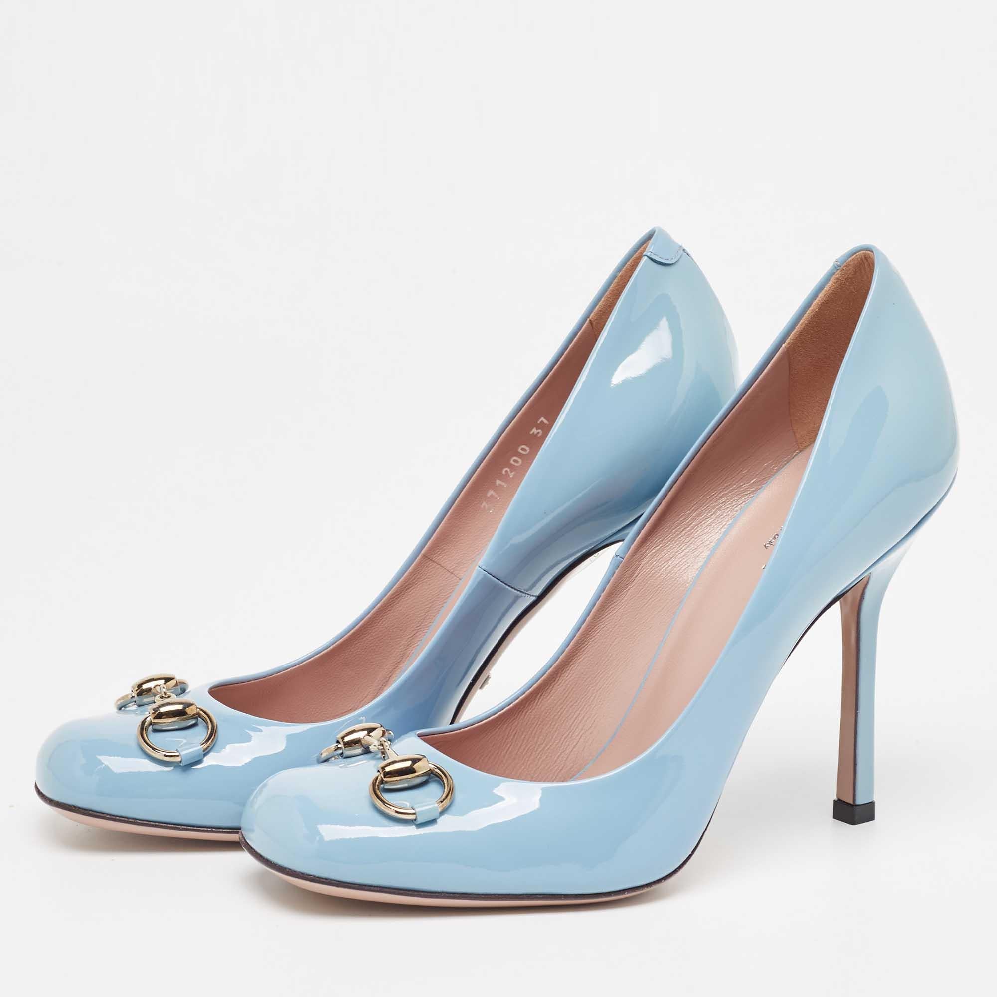 Women's Gucci Blue Patent Leather Jolene Horsebit Square Toe Pumps Size 37 For Sale