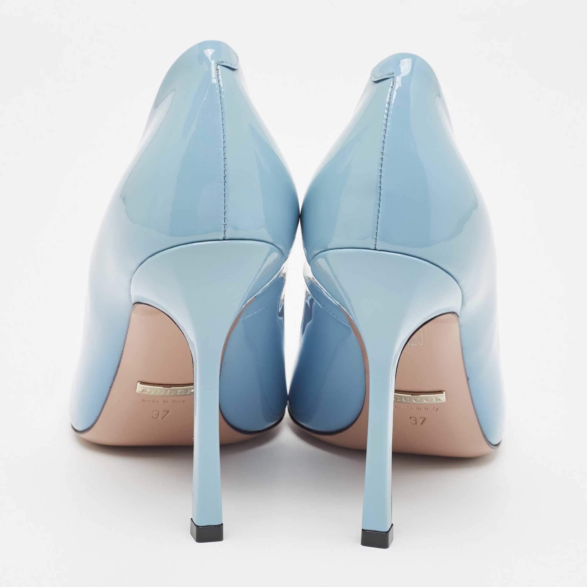 Gucci Blue Patent Leather Jolene Horsebit Square Toe Pumps Size 37 For Sale 1