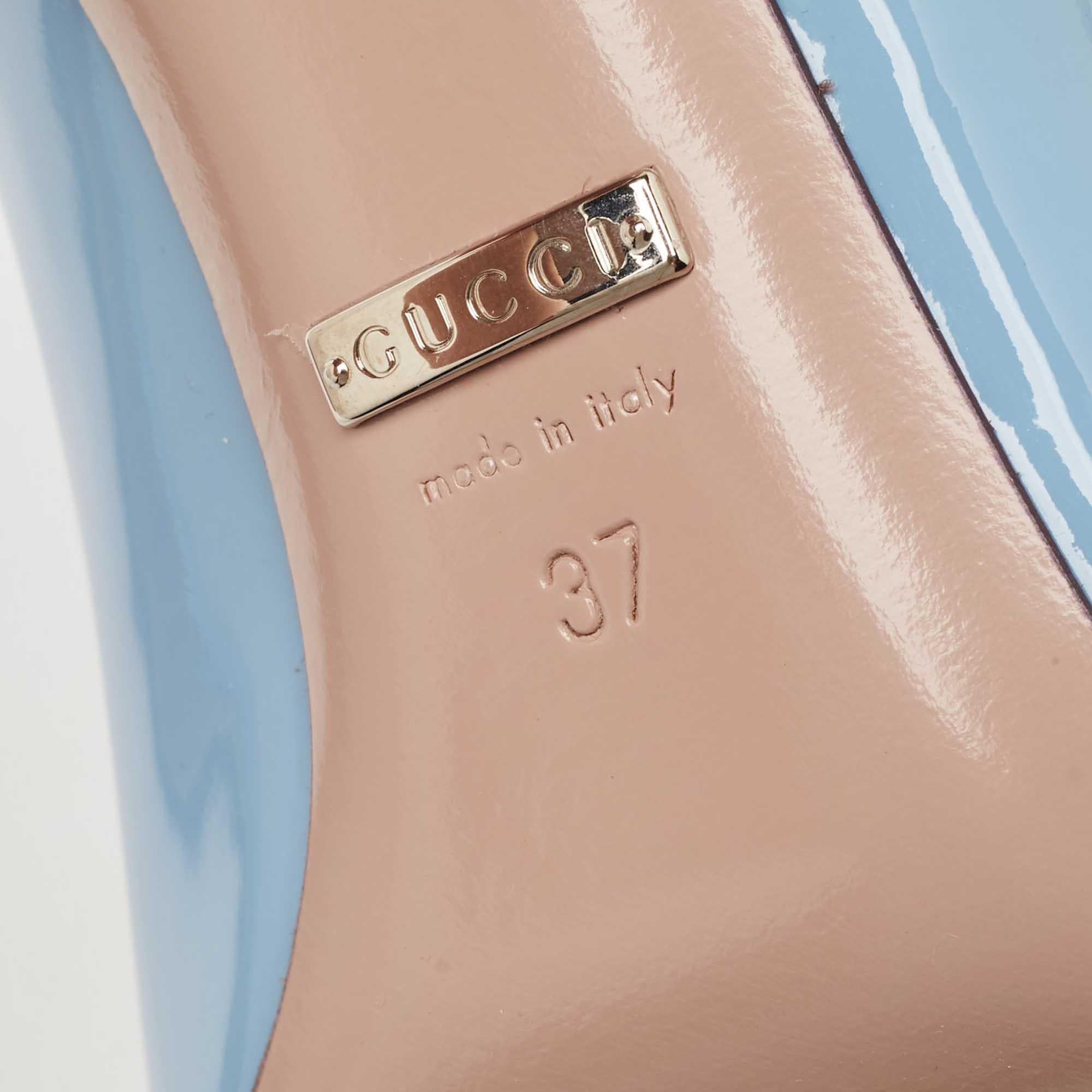 Gucci Blue Patent Leather Jolene Horsebit Square Toe Pumps Size 37 For Sale 4
