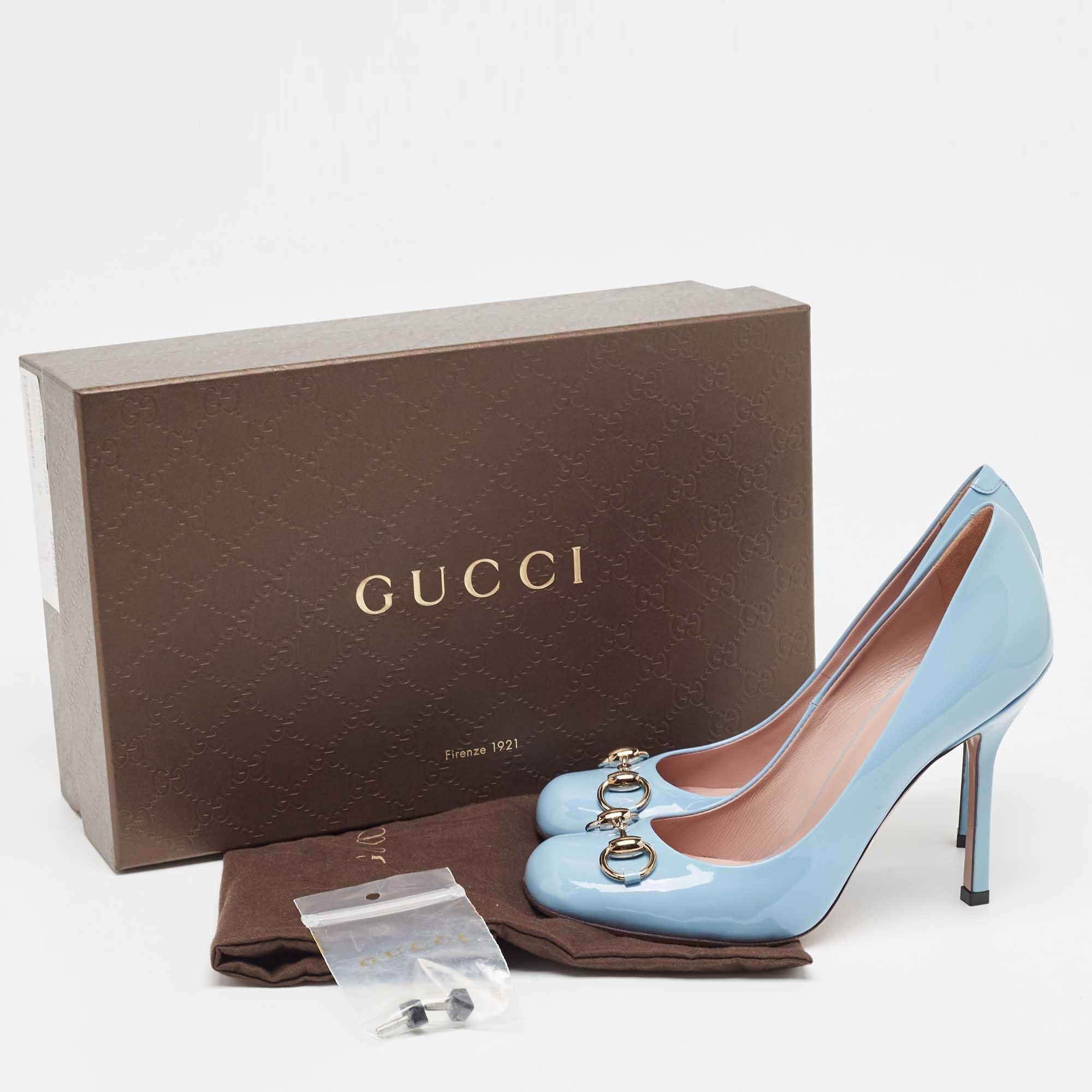 Gucci Blue Patent Leather Jolene Horsebit Square Toe Pumps Size 37 For Sale 5