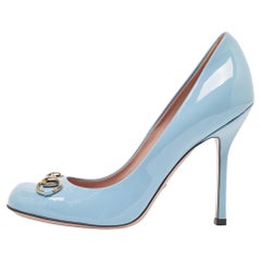 Gucci Blue Patent Leather Jolene Horsebit Square Toe Pumps Size 37