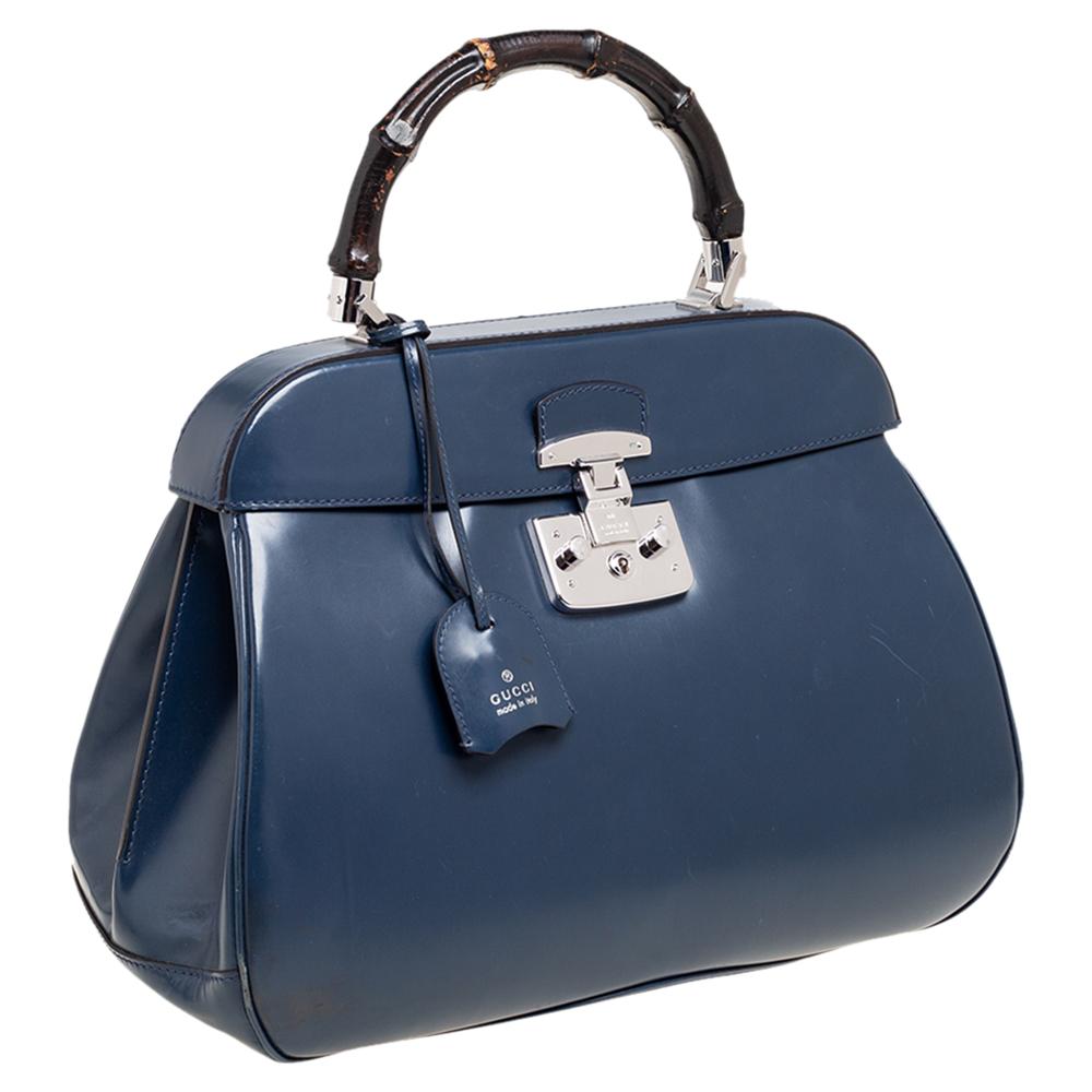 Gucci Blue Patent Leather Lady Lock Bamboo Large Top Handle Bag In Good Condition In Dubai, Al Qouz 2