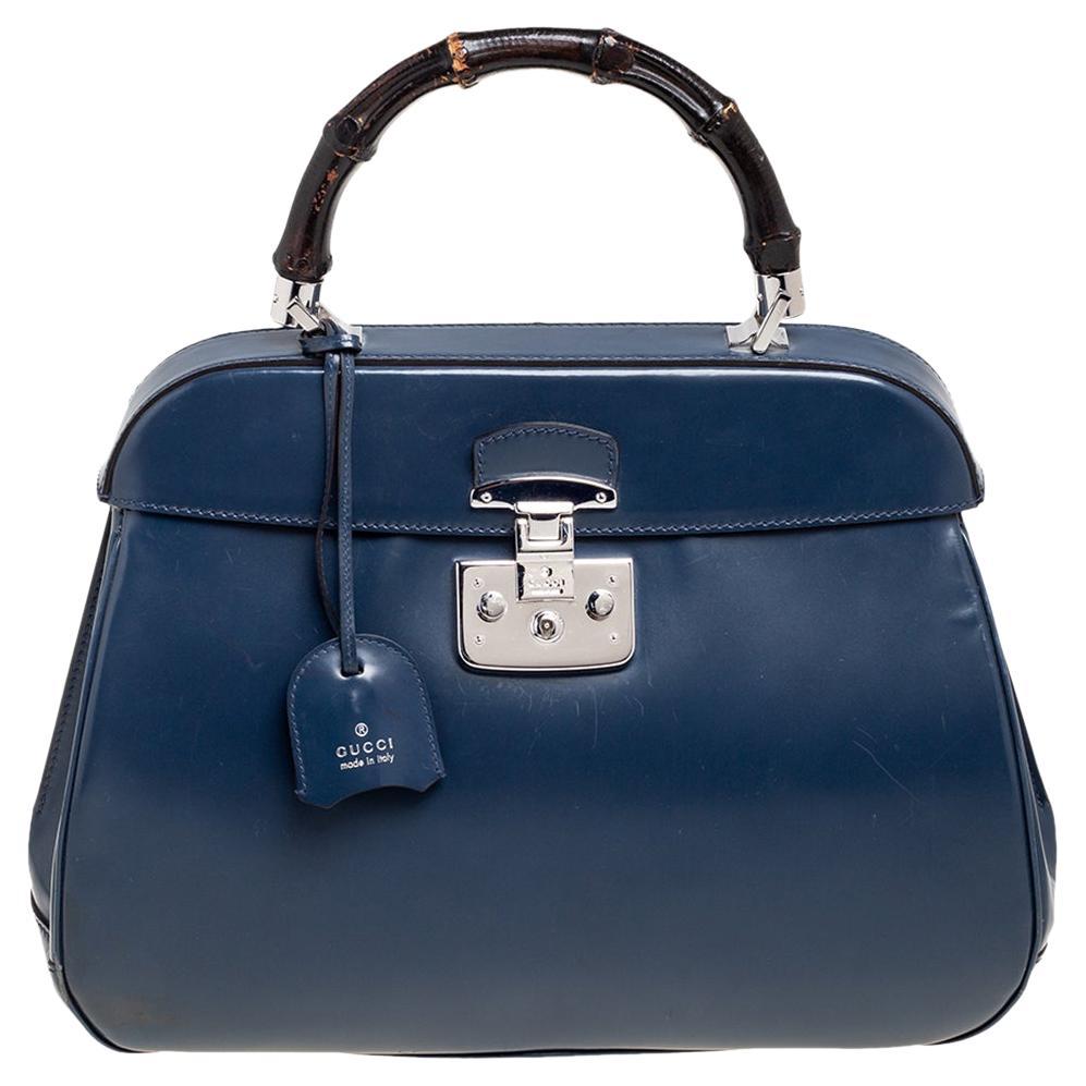 Gucci Blue Patent Leather Lady Lock Bamboo Large Top Handle Bag