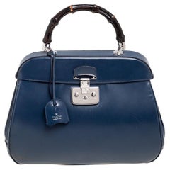 Gucci Blue Patent Leather Lady Lock Bamboo Large Top Handle Bag