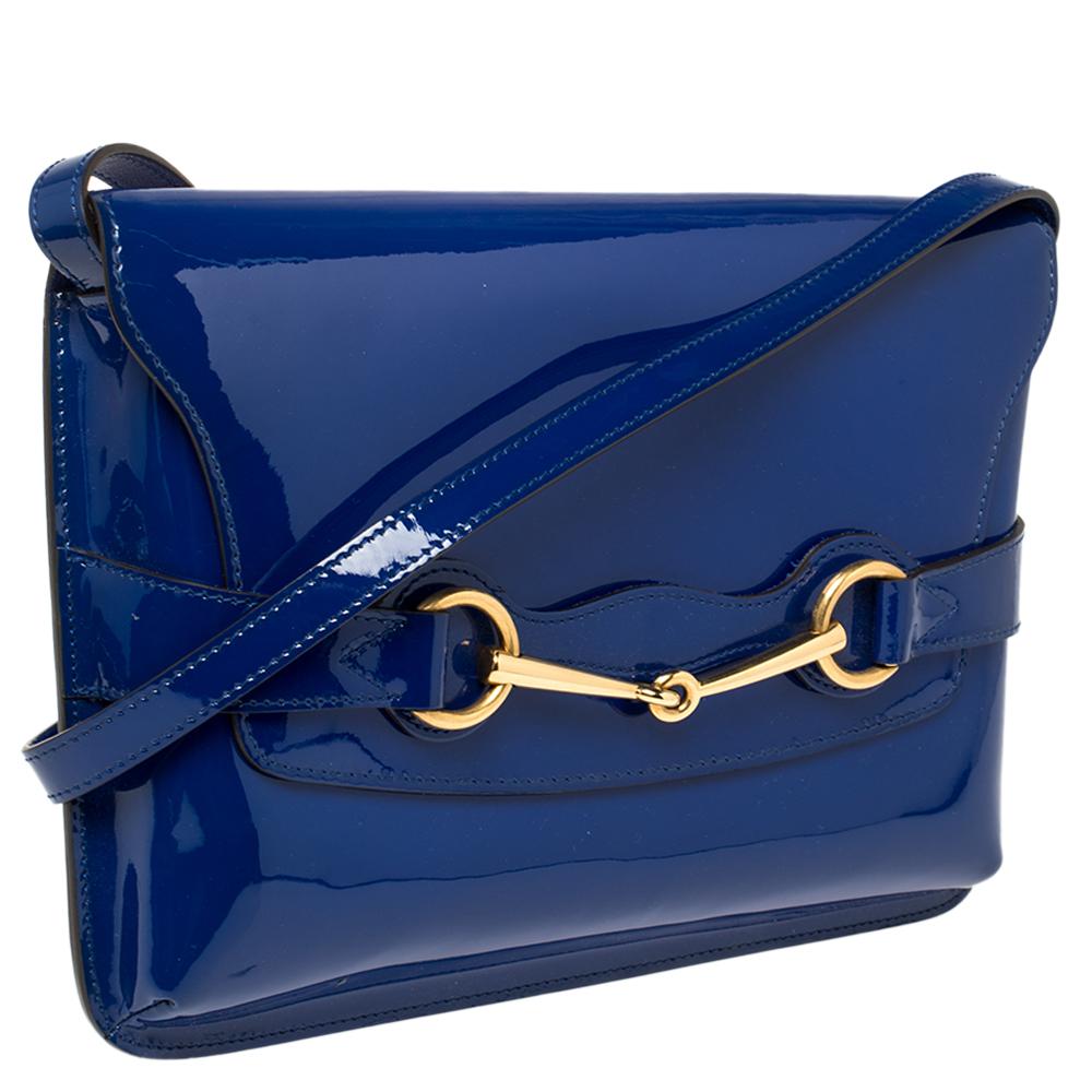 Gucci Blue Patent Leather Large Bright Bit Shoulder Bag In Good Condition In Dubai, Al Qouz 2