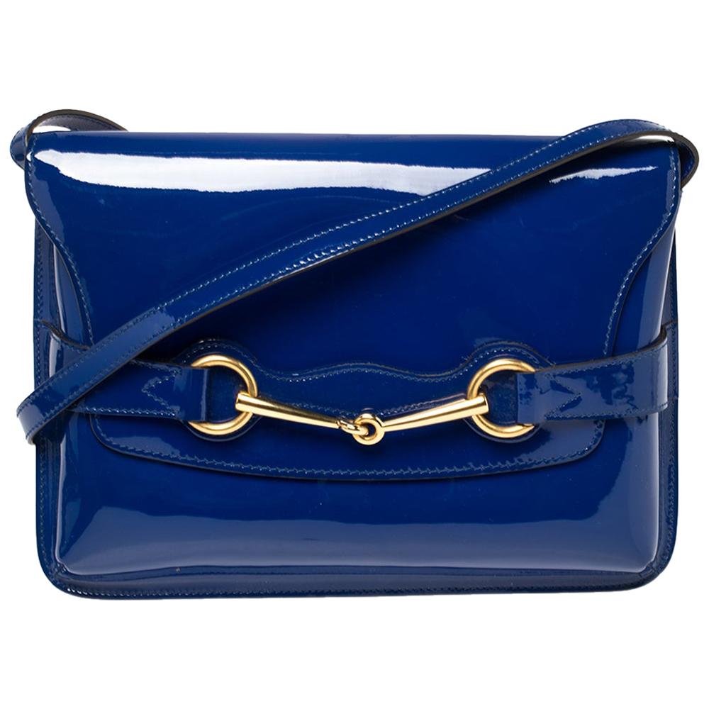 Gucci Blue Patent Leather Large Bright Bit Shoulder Bag