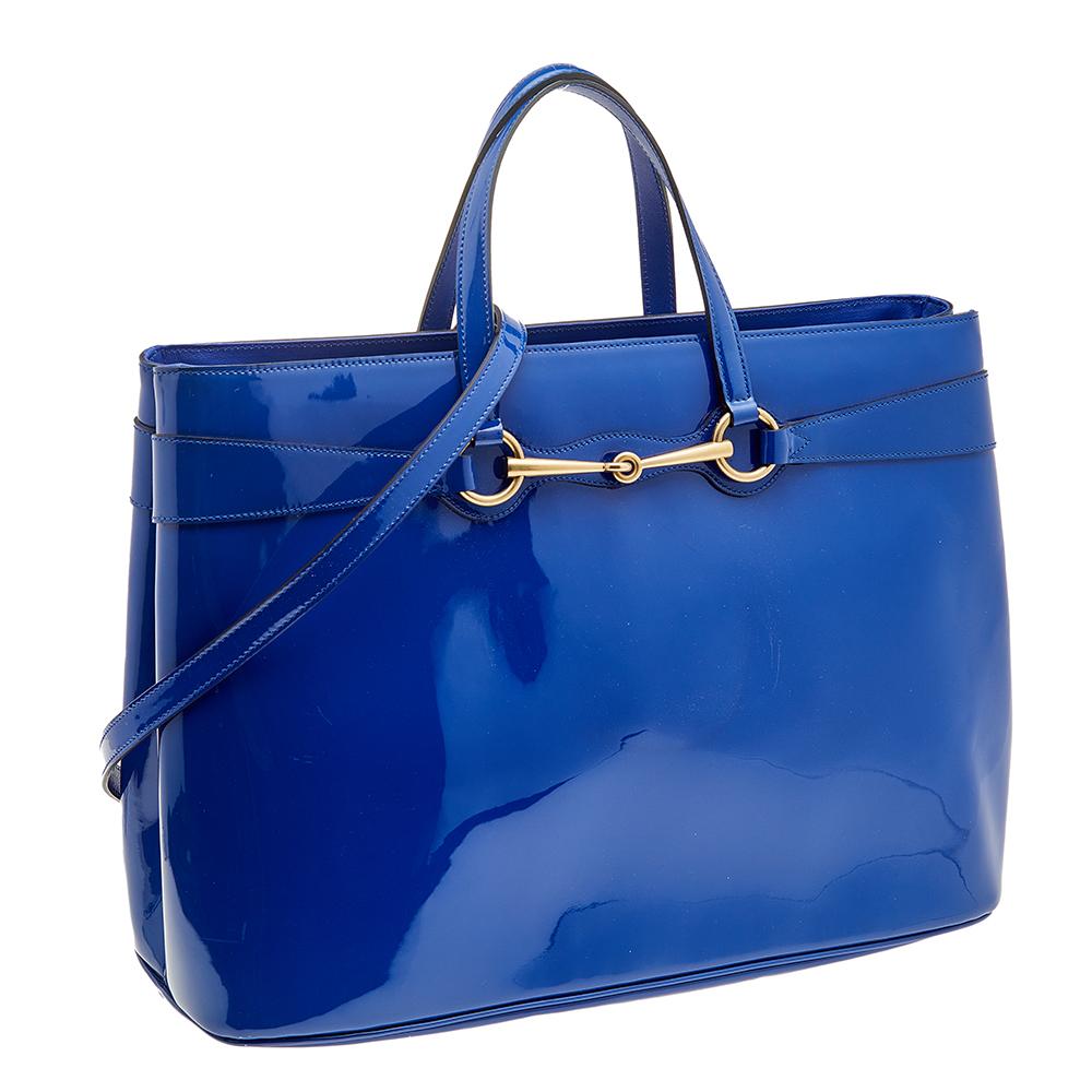 Women's Gucci Blue Patent Leather Large Bright Bit Tote