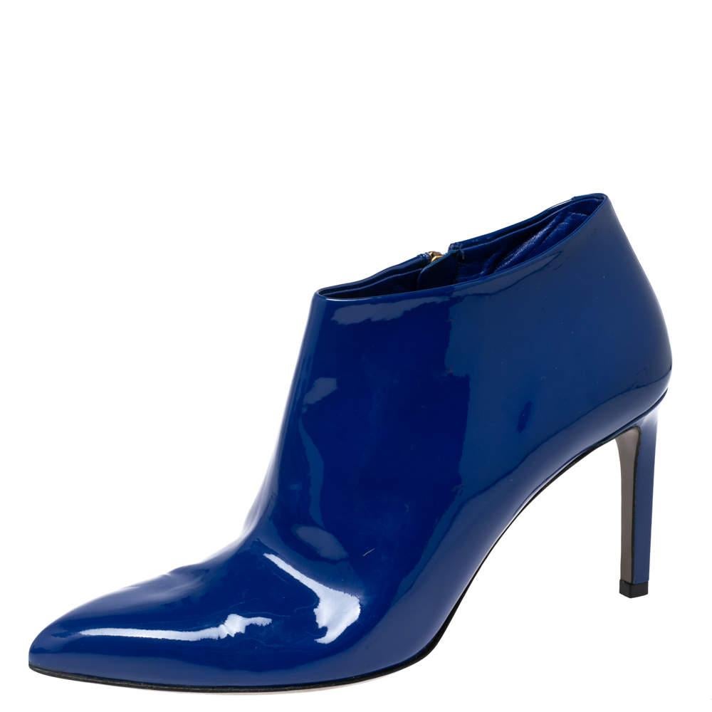 Gucci Blue Patent Leather Pointed Toe Booties Size 38 In Good Condition For Sale In Dubai, Al Qouz 2