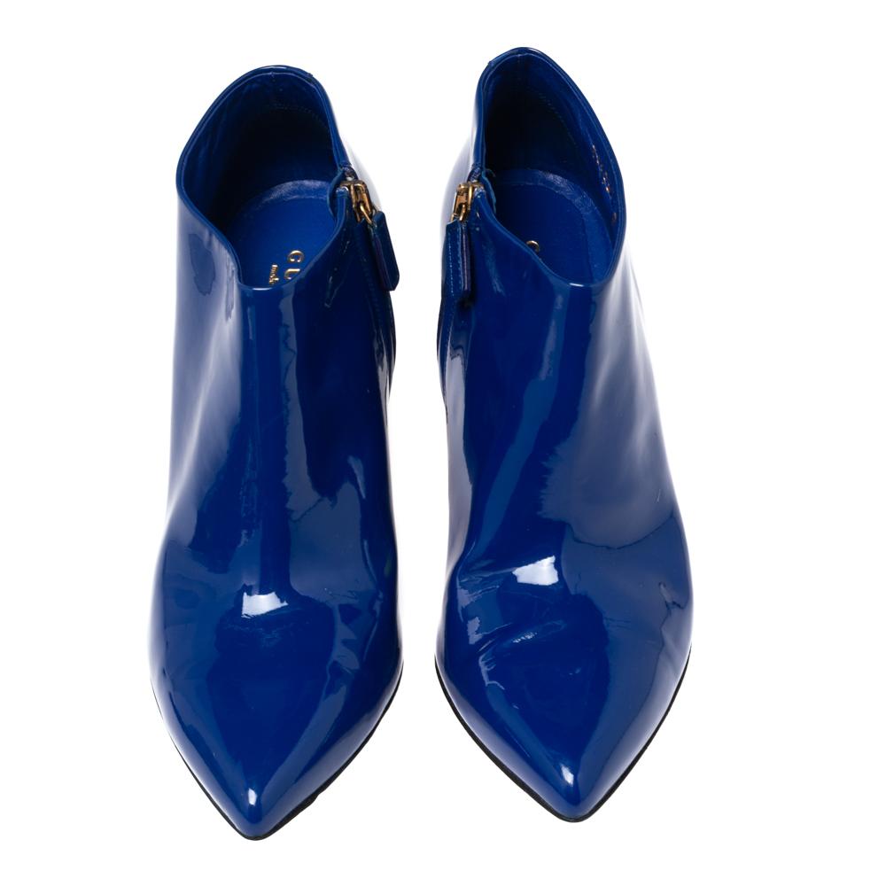 Gucci Blue Patent Leather Pointed Toe Booties Size 38 For Sale 1