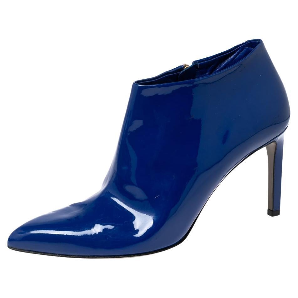 Gucci Blue Patent Leather Pointed Toe Booties Size 38 For Sale