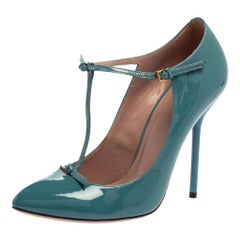 Gucci Blue Patent Leather T Strap Pumps Size 37