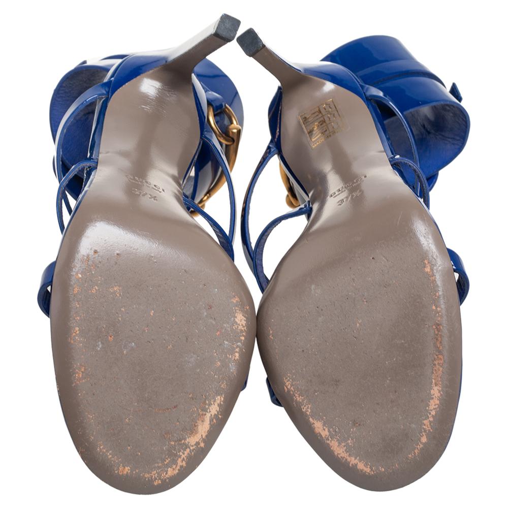 Women's Gucci Blue Patent Leather Ursula Horsebit Ankle Strap Sandals Size 37.5