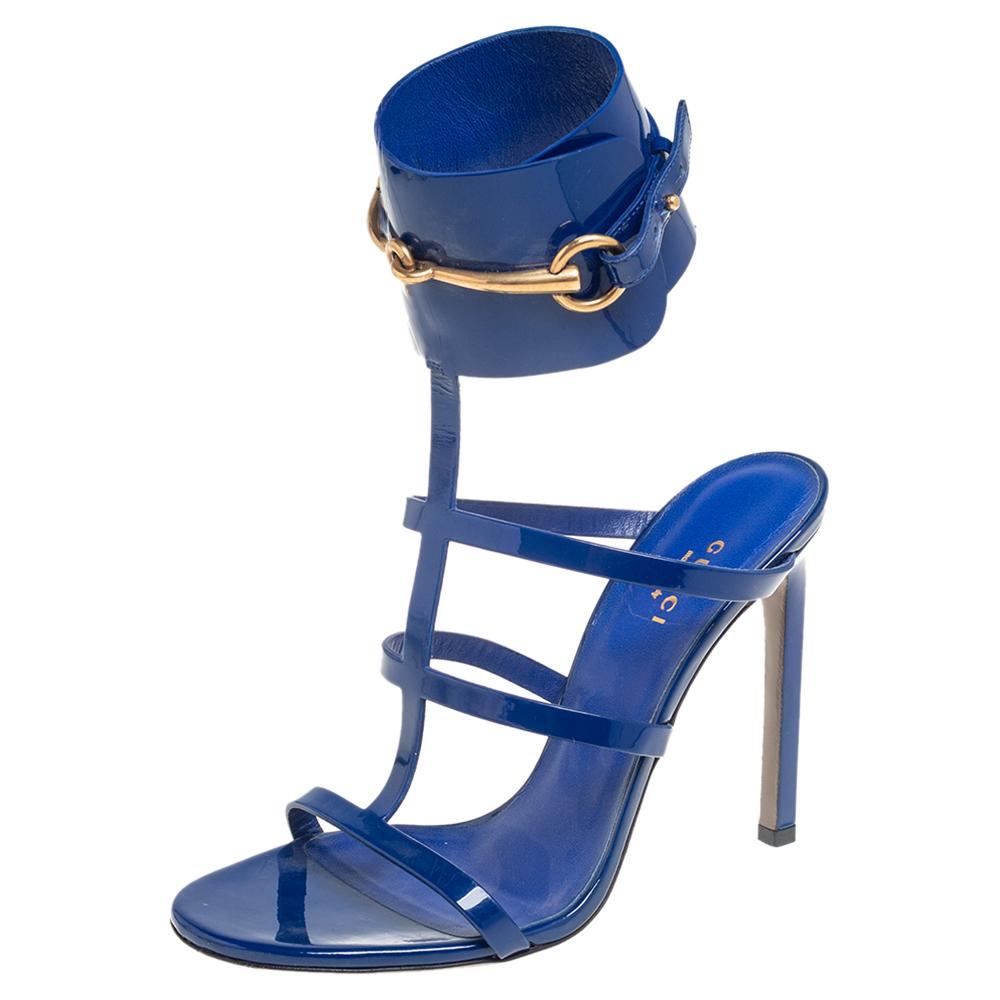 Gucci Blue Patent Leather Ursula Horsebit Ankle Strap Sandals Size 37.5 1