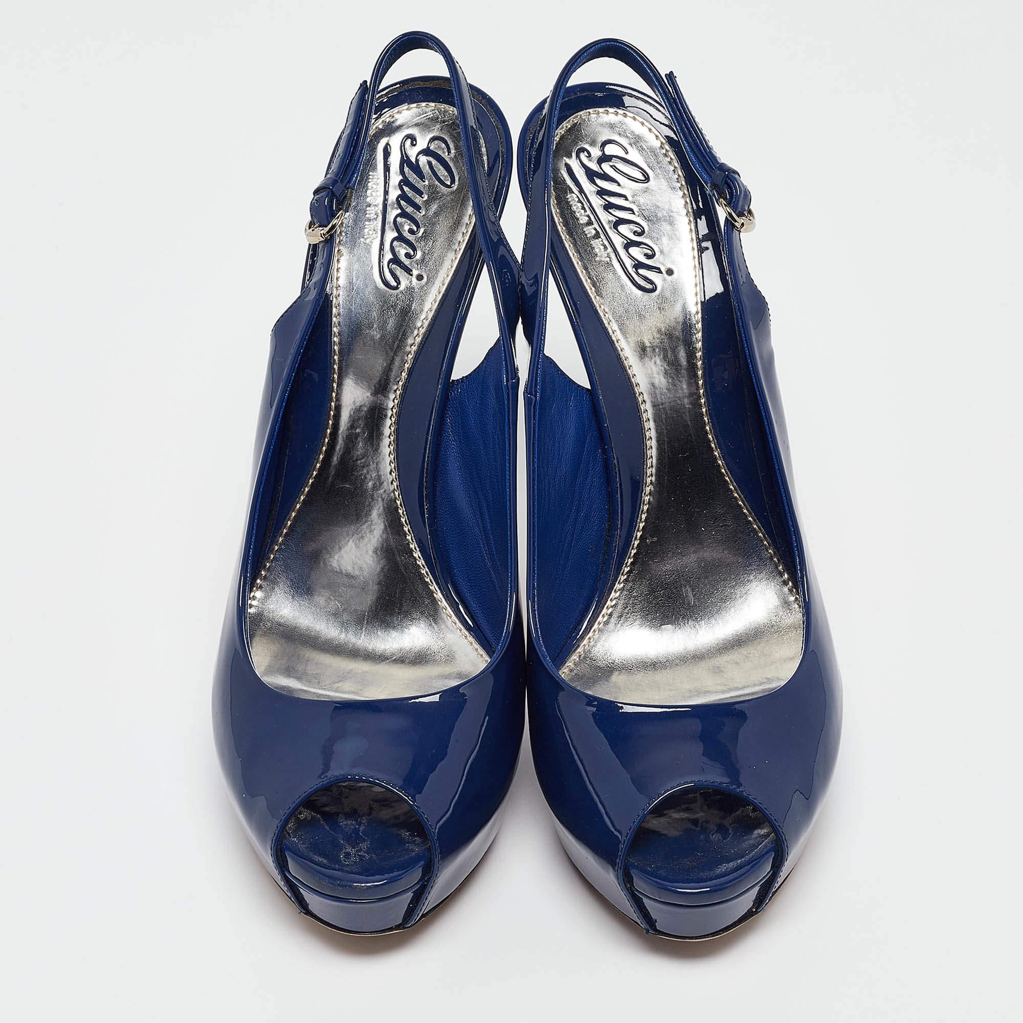 Bleu Escarpins Sofia à bout ouvert vernis bleu Gucci, taille 40,5 en vente