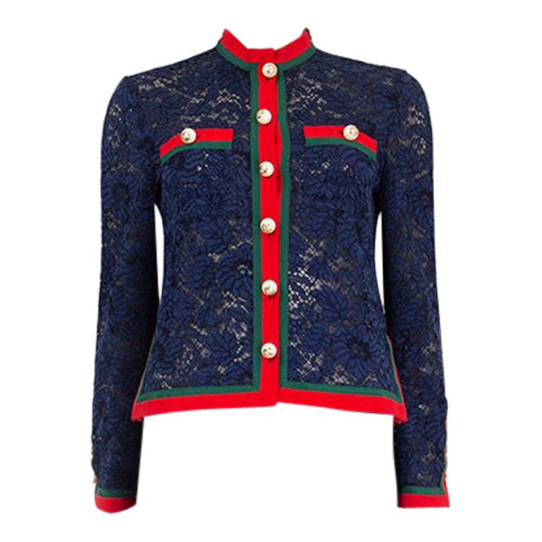 GUCCI blue PEARL EMBELLISHED LACE Cardigan Sweater 40 S For Sale