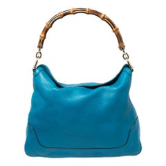 Gucci Blue Pebbled Leather Diana Bamboo Handle Shoulder Bag
