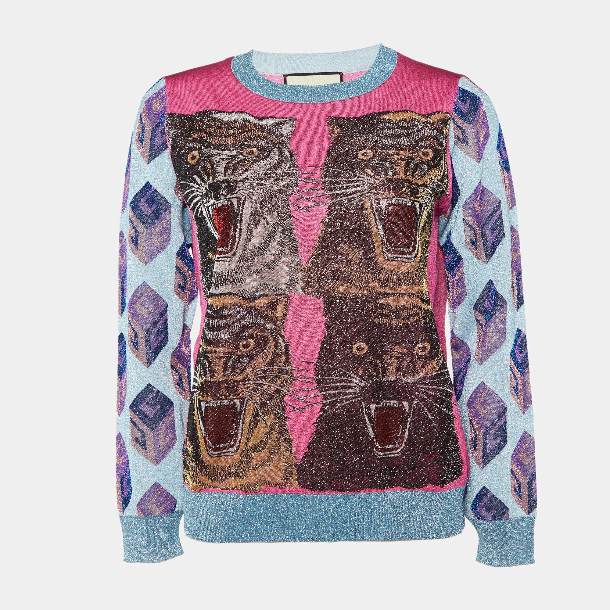 Gucci Blue/Pink Tiger Patterned Lurex Knit Sweatshirt L 1