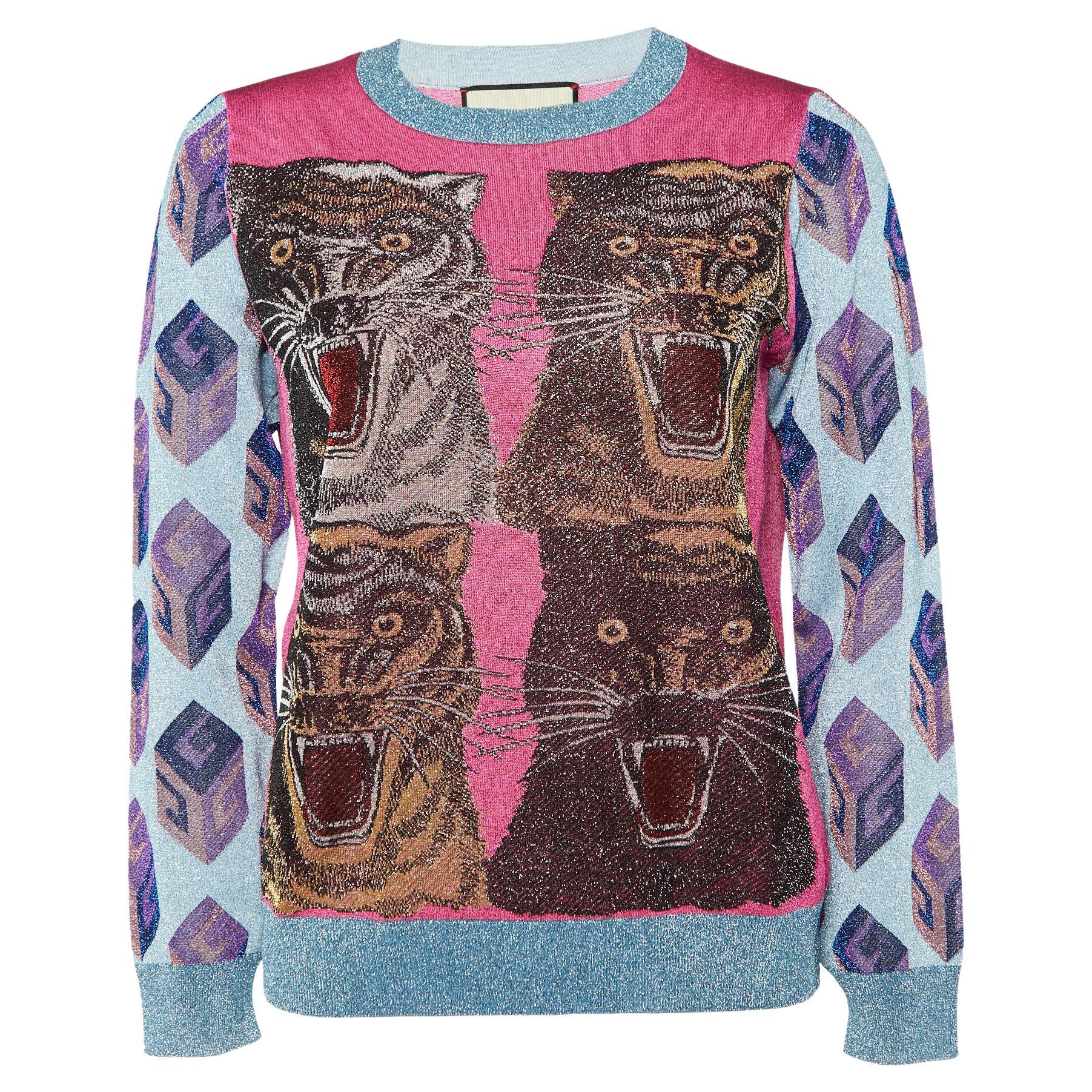 Gucci Blue/Pink Tiger Patterned Lurex Knit Sweatshirt L