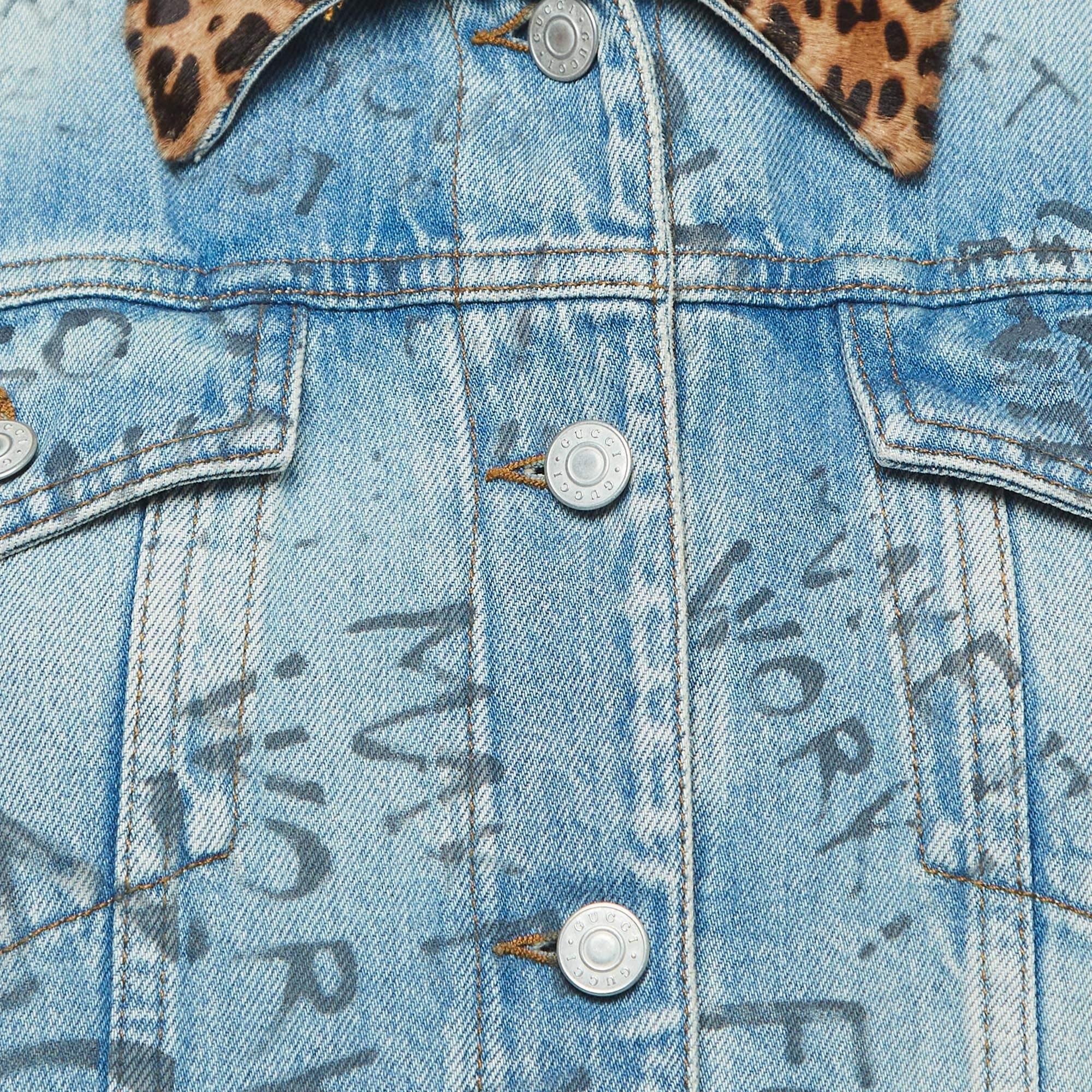 Gucci Blue Printed Cow Fur Trimmed Denim Jacket L For Sale 1