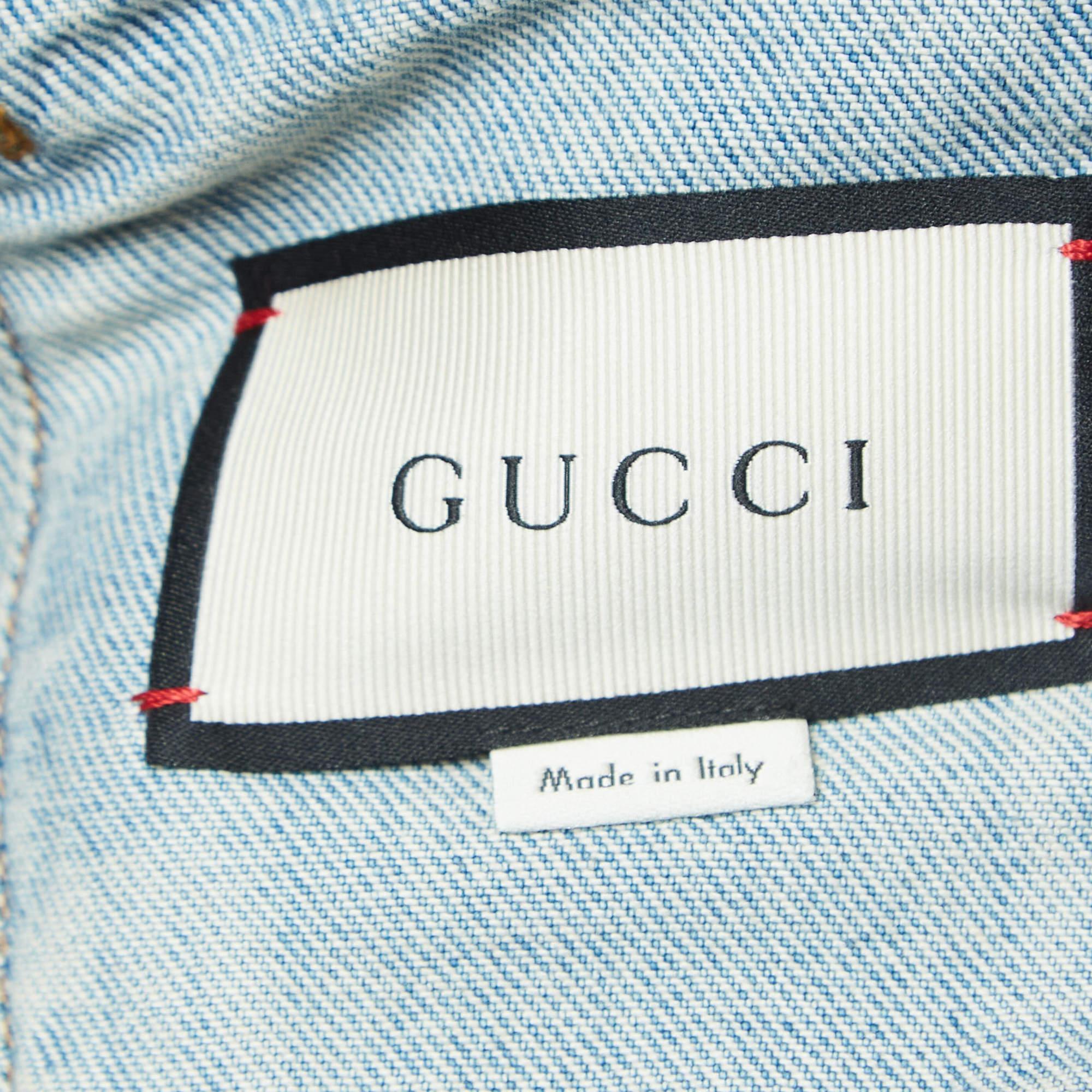 Gucci Veste en jean imprimée bleue bordée de fourrure de vache L en vente 2
