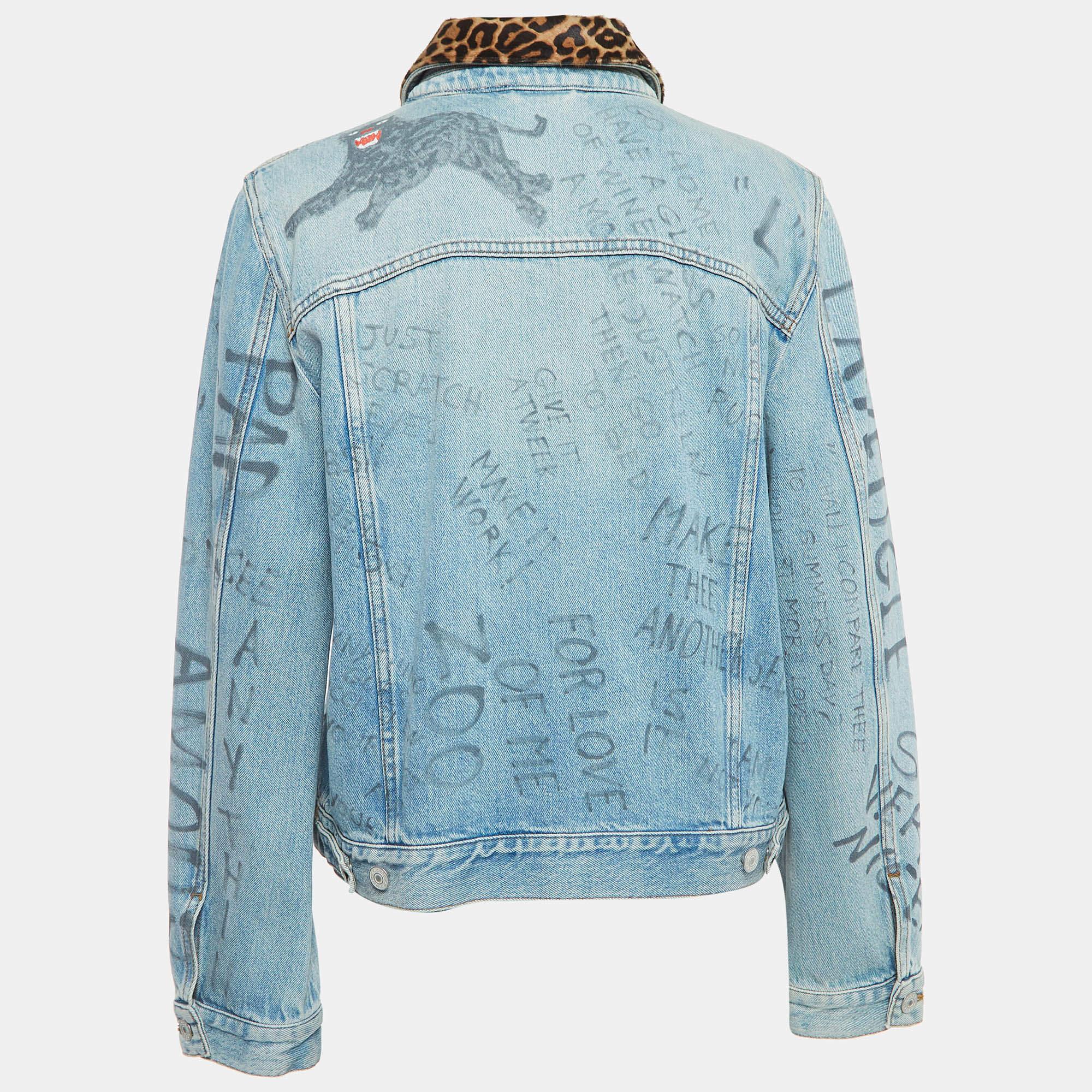 Gucci Blue Printed Cow Fur Trimmed Denim Jacket L For Sale 2