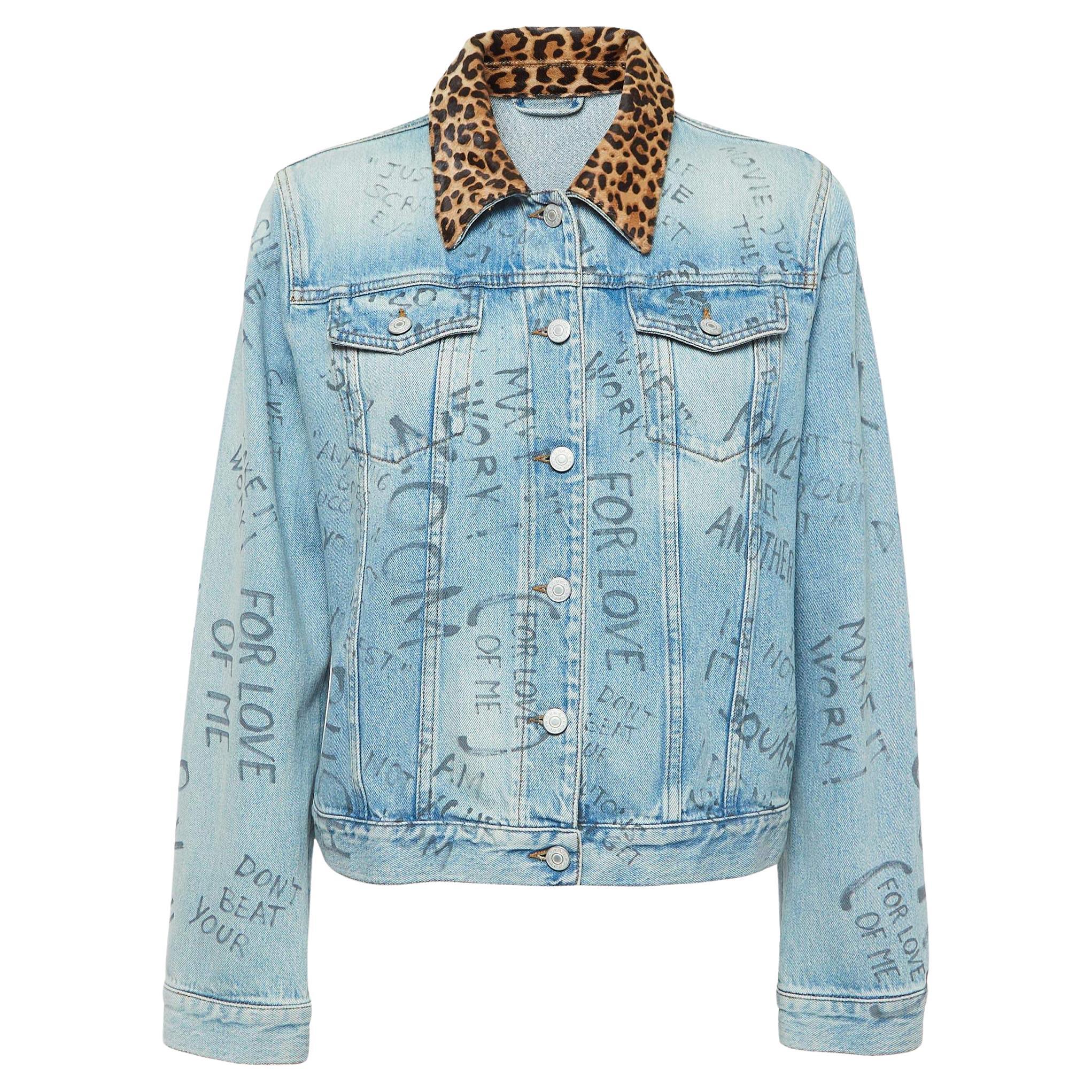 Gucci Blue Printed Cow Fur Trimmed Denim Jacket L For Sale